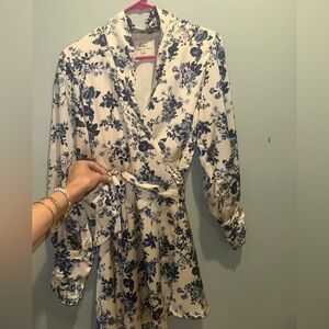 Lena White and Blue Floral Wrap Dress